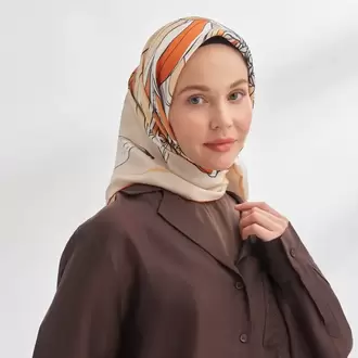 ARMANDA - 4356 Ivory Desen Twill İpek Eşarp - Bej Orange