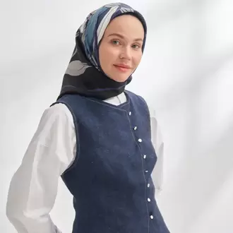 ARMANDA - 4356 Ivory Desen Twill İpek Eşarp - Siyah Lacivert
