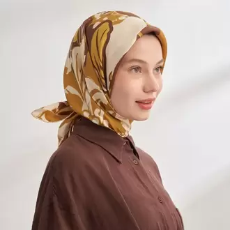 ARMANDA - 4351 Dahlia Desen Twill İpek Eşarp - Yağ Yeşili