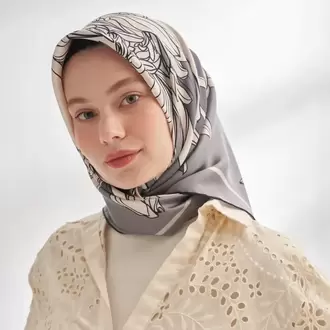 ARMANDA - 4356 Ivory Desen Twill İpek Eşarp - Gri