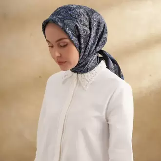 ARMANDA - 3155 Vintage Desen Eşarp - Siyah İndigo