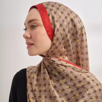 ARMANDA - 3361 Monogram Desen Şal - Bej - Kırmızı