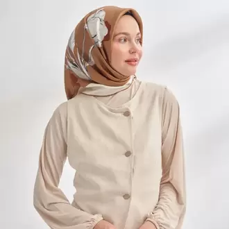 ARMANDA - 4333 Plumeria Desen Twill İpek Eşarp - Kahve