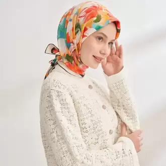 ARMANDA - 4359 Abstract Bloom Desen Twill İpek Eşarp - Pembe