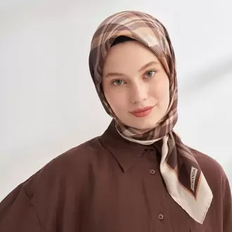 ARMANDA - 4358 Naya Desen Twill İpek Eşarp - Acı Kahve