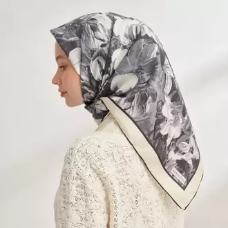 ARMANDA - 4359 Abstract Bloom Desen Twill İpek Eşarp - Füme