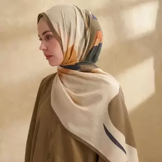 ARMANDA- 3383 İpek Pamuk Sarah Desen Şal - Bej Haki