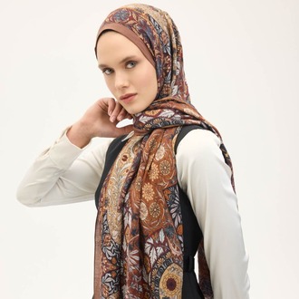 SİLK HOME - Urban Hours Floral Motif Desen Sütlü Kahve Mayda Şal 190x70
