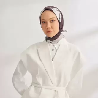 ARMANDA - 4333 Plumeria Desen Twill İpek Eşarp - Füme