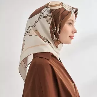 ARMANDA - 4356 Ivory Desen Twill İpek Eşarp - Kahve