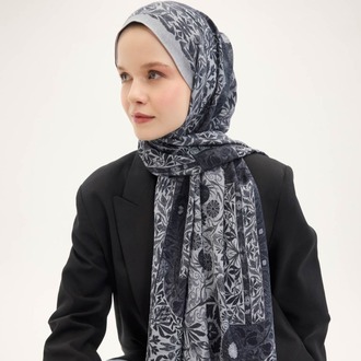 SİLK HOME - Urban Hours Floral Motif Desen Açık Gri Mayda Şal 190x70