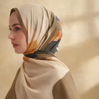 ARMANDA- 3383 İpek Pamuk Sarah Desen Şal - Bej Haki