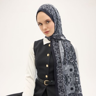 SİLK HOME - Urban Hours Floral Motif Desen Koyu Lacivert Mayda Şal 190x70