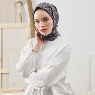 FRESH SCARFS - Blooming Garden Desen Pamuk İpek Eşarp - Lacivert