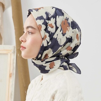Fresh Scarfs - Multi Flower Desen Pamuk İpek Eşarp - Lacivert