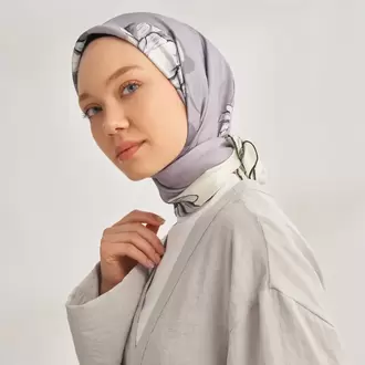 ARMANDA - 4333 Plumeria Desen Twill İpek Eşarp - Gri