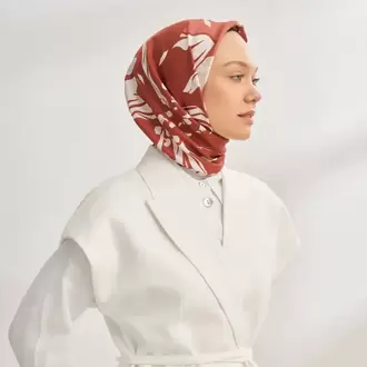 ARMANDA - 4351 Dahlia Desen Twill İpek Eşarp - Bordo