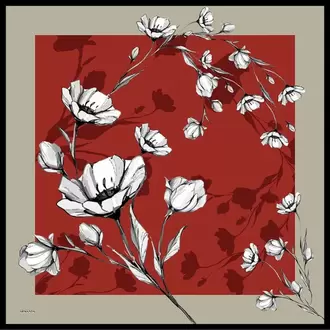 ARMANDA - 4333 Plumeria Desen Twill İpek Eşarp - Kırmızı