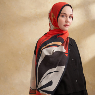 ARMANDA- 3383 İpek Pamuk Sarah Desen Şal - Siyah Kırmızı
