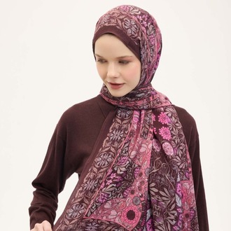 SİLK HOME - Urban Hours Floral Motif Desen Koyu Mürdüm Mayda Şal 190x70