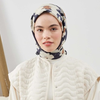 Fresh Scarfs - Multi Flower Desen Pamuk İpek Eşarp - Lacivert