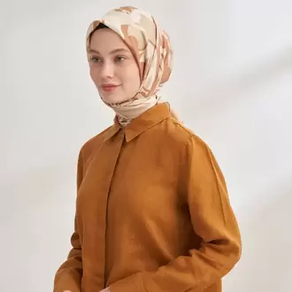 ARMANDA - 4351 Dahlia Desen Twill İpek Eşarp - Bej