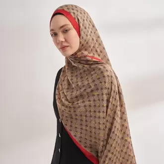 ARMANDA - 3361 Monogram Desen Şal - Bej - Kırmızı