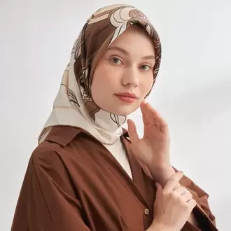 ARMANDA - 4356 Ivory Desen Twill İpek Eşarp - Kahve