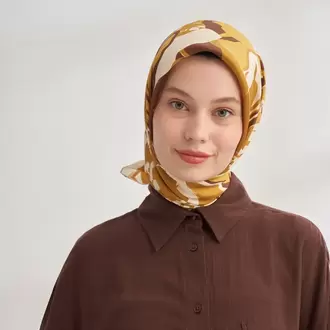 ARMANDA - 4351 Dahlia Desen Twill İpek Eşarp - Yağ Yeşili
