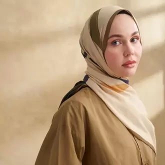 ARMANDA- 3383 İpek Pamuk Sarah Desen Şal - Bej Haki