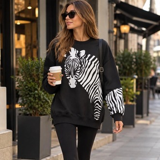 Zebra Desenli Siyah Sweatshirt