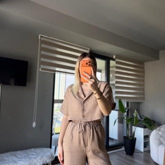 Crop Gömlek Pantolon Takım Kahverengi