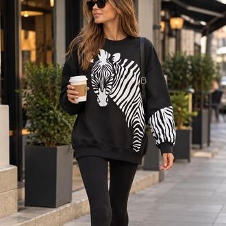 Zebra Desenli Siyah Sweatshirt