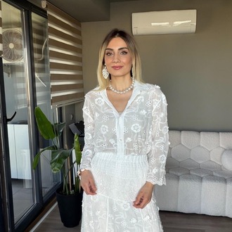 İthal Güpür İşleme Etek Gömlek Takım