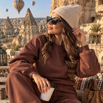 Kahverengi Oversize Sweatshirt & Bol Paça Eşofman Takımı