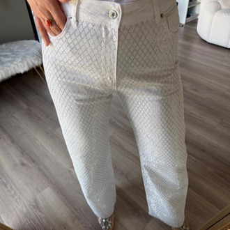 Full Taşlı Beyaz Jean 