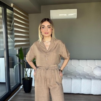 Crop Gömlek Pantolon Takım Kahverengi
