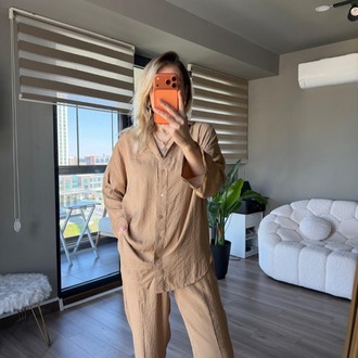 Gömlek Pantolon Takım Tensel Kumaş Pamuklu Camel Renk