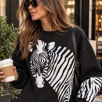 Zebra Desenli Siyah Sweatshirt