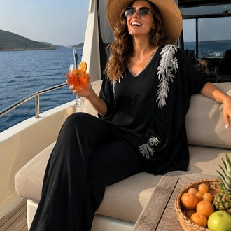 Nakış işlemeli Bluz Pantolon Salaş Takım Siyah