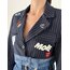 Denim detaylı Nakışlı crop blazer ceket lacivert 