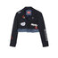 Denim detaylı Nakışlı crop blazer ceket lacivert 