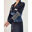 Denim detaylı Nakışlı crop blazer ceket lacivert 
