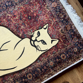 El Boyaması Kedi Figürlü Halı Tablo – Dekoratif Duvar Halısı