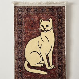 El Boyaması Kedi Figürlü Halı Tablo – Dekoratif Duvar Halısı