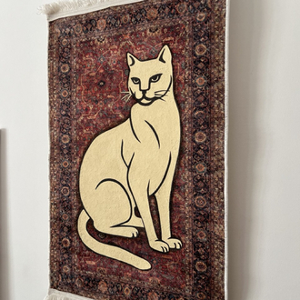 El Boyaması Kedi Figürlü Halı Tablo – Dekoratif Duvar Halısı