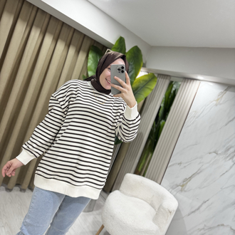 Ekru çizgili Sweatshirt 
