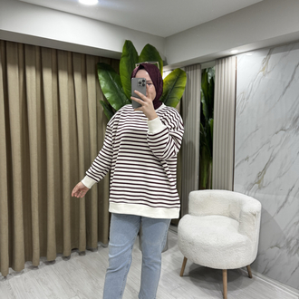 Ekru çizgili Sweatshirt 