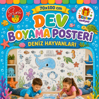 Dev Boyama Posteri–Eğlenceli Tatil Aktiviteleri Sticker Hediyeli ! Deniz Hayvanları Tema