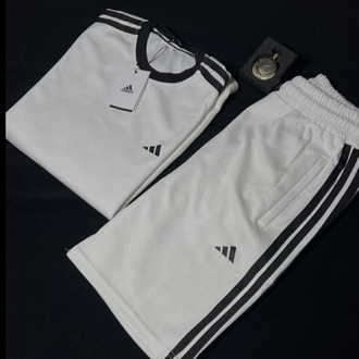 Adidas Beyaz Şort & Tişört Takım / 3 Çizgili Rahat Kalıp